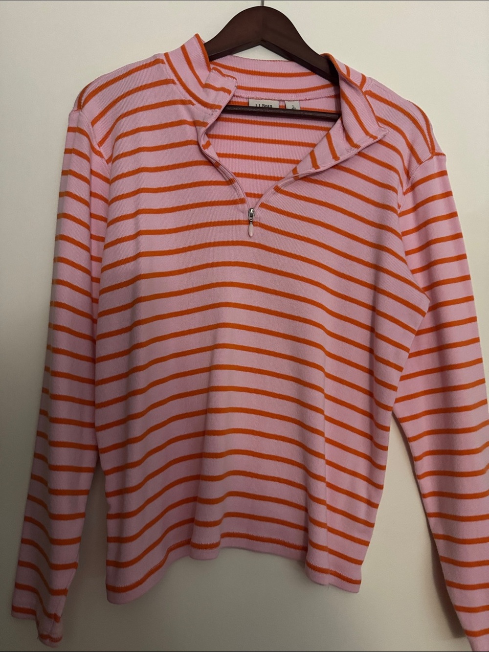 L.L. Bean Pink and Orange Striped Quarter-Zip Pullover